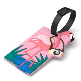 Luggage Tags for Suitcases, Pink Flamingo Soft Silicone Bag ID Label with Writable Info Card, Cute Tropical Bird Travel Identifier for Carry Ons Backpacks Beach Bags Vacation Trips Kids Teens Adults