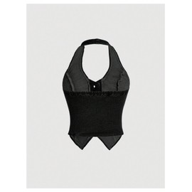 SHENHE Women's Button Up Backless Halter Denim Vest Ruched Fitted Sleeveless Crop Jean Vest Black Medium