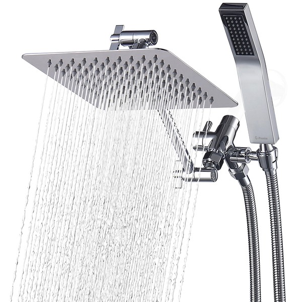 G-Promise All Metal 8" Dual Square Rain Shower Head Combo | Handheld Shower Wand with 71" Extra Long Flexible Hose | Smooth 3-Way Diverter | Adjustable Extension Arm - A Bathroom Upgrade (Chrome）