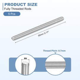 uxcell 5Pcs M4-0.7x55mm Fully Threaded Rods, Threaded Rods Bar Studs, 304 Stainless Steel Long Thread Screws Hardware for U-Bolts, Anchors, Clamps, Hangers, Silver