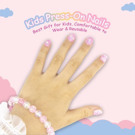 Hohotti Press on Nails for Kids Kit Acrylic Artificial Fake Nail Tips Set 6 Packs (72pcs) with 3D Diamond Children Cute Full Cover Short False Nails Great Gift for Little Girls