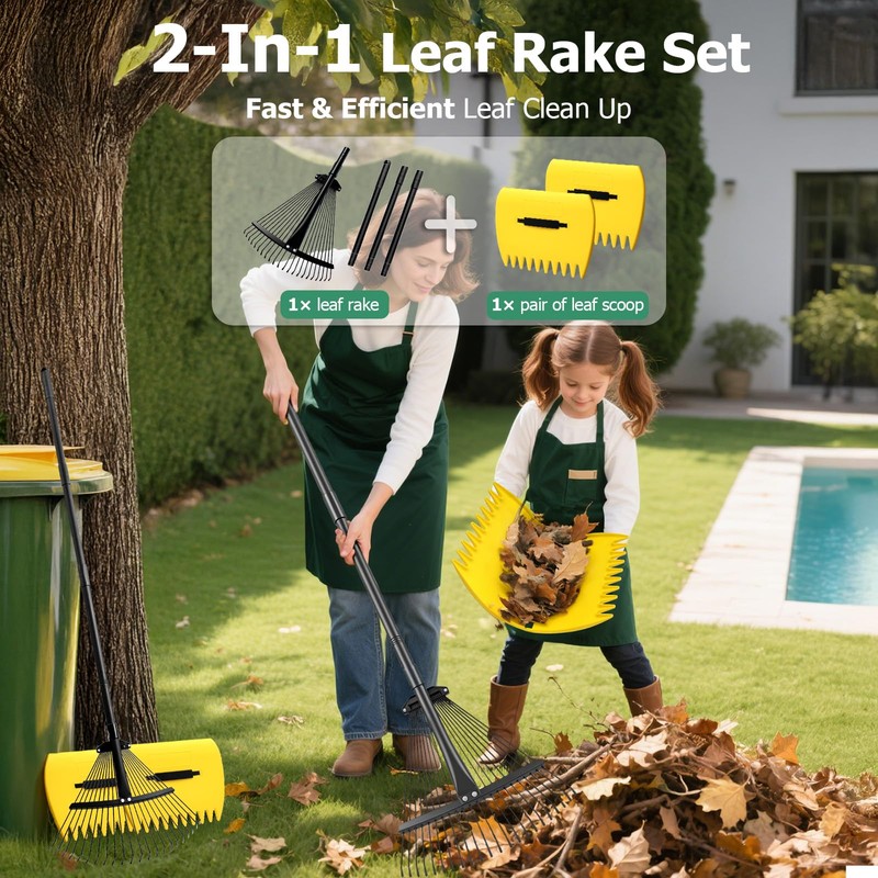 Extra Wide 22-Tines Adjustable Leaf Rake & Leaf Scoops Set,