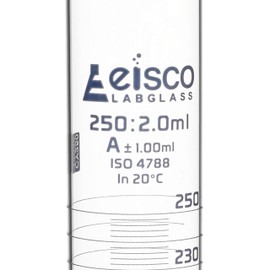 Graduated Cylinder, 250ml - Class A Tolerance ±1.00ml - Round Base - Blue Graduations - Borosilicate 3.3 Glass - Eisco Labs