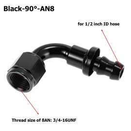 Bittwee 8AN 90 Degree Push Lock Hose End Fitting, Swivel for CPE Braided Hose, Aluminum Auto Push Lock Hose End Fitting for Rubber Fuel Line, Car Accessories Universal for SUV, Truck, RV（Black/AN8）