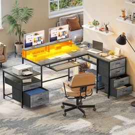 YITAHOME L Shaped Desk with File Drawers, 71" L Shaped Computer Desk with Power Outlet & LED Lights, Corner Office Desk with Storage Shelves & Printer Stand, Gaming Desk with Monitor Shelf, Grey