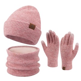 ZASFOU Women's Winter Beanie Hat Scarf Touchscreen Gloves Set Warm Winter Hat Loop Scarf Tube Scarf Winter Gloves Christmas Gift for Women, Pink / red