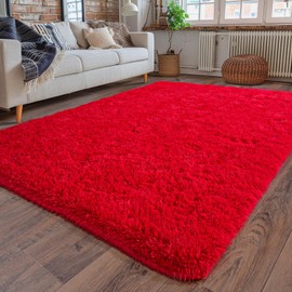Dssimo Super Fluffy Rug for Bedroom, 4x6 Feet, Modern Shag Red Area Rugs, Soft and Cozy Plush Carpet for Kids,Girls Boys and Teens Decorations for Living Room Dorm Nursery Classroom, Red