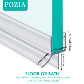1-Pack Shower Door Bottom Seal POZIA-39 Long,3/8"(10mm) Thick Frameless Glass Shower Door Seal Strip Clear Vinyl Durable Stop Shower Leaks and Create a Water Barrier Ultra Clear