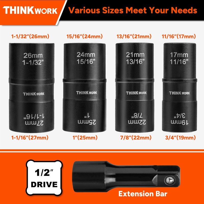 THINKWORK 1/2 Inch Drive Lug Nut Extractor Set, 5pcs Flip