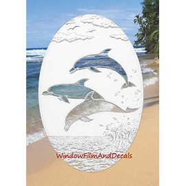 Dolphins Jumping Oval Etched Window Decal Vinyl Glass Cling - 15" x 23" - White with Clear Design Elements