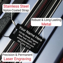 Heavy Duty Personalized Luggage Tags for suitcases - Handmade Customized Laser Engraved Metal Luggage Tags with Stainless Steel Wire Loops Pack of 4 (Black, 2x3.5)