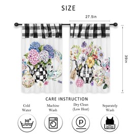 Riyidecor Spring Floral Kitchen Curtains Rustic Hydrangeas Buffalo Plaid Colorful Flowers Leaf Plant Farmhouse Vintage Rod Pocket Country Bedroom Living Room Treatment Fabric 2 Panels 27.5Wx39H Inch