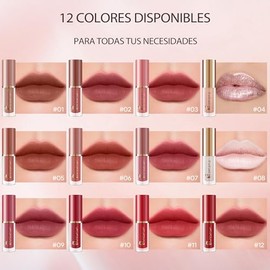 Set de 12 Labiales Líquidos – Lápiz Labial Líquido de Alta Pigmentación, Hidratante y de Larga Duración, Kit de Maquillaje Resistente al Agua para Muj