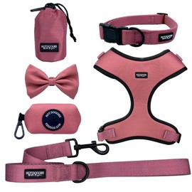 Hot Doggies Dog Walking Bundle Set. 6 COLOURS AVAILABLE. INCLUDES Harness, Lead, Collar, Treat Bag, Poo Bag Holder, Bow Tie (Large, Rosewood Pink)