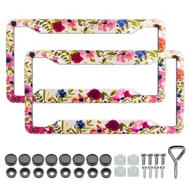 Pink Floral Flower License Plate Frame - 2 Pack Florals License Plate Frames Holder Covers for Women, Aluminum Metal Rust-Proof Waterproof Car Decorative Tag Frames for Standard US 12x6 Inch