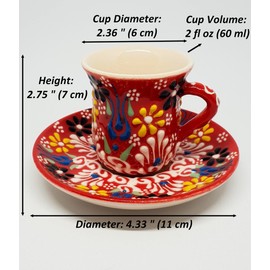 DLK - Set of 2 Handmade Ceramic Coffee Cups Set, 2 x Tile Coffee Cup Set,Turkish Coffee Cup Set of 2 - Red