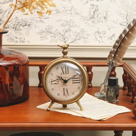 NIKKY HOME Vintage Table Clock with Bird, Decorative Desk Metal Table Clocks Rustic Mantel Clock Non-Ticking, Metal Frame with Antique Gold Finish