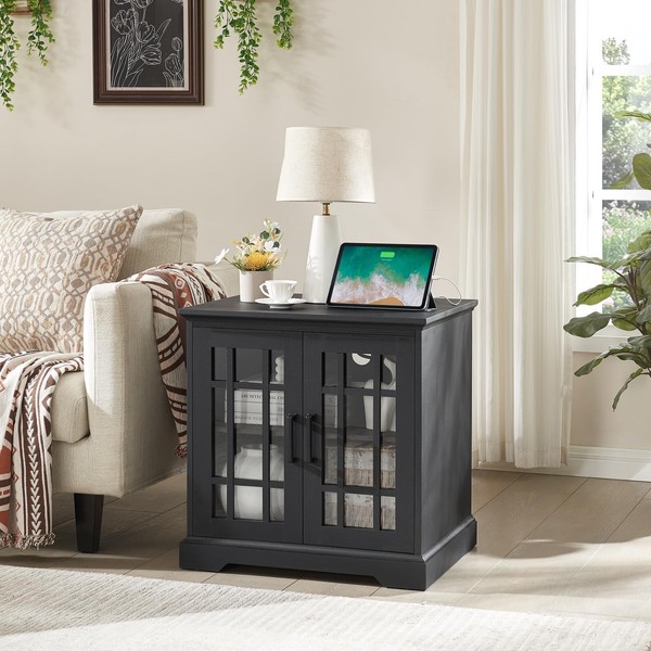 Barnyatoh End Table with Charging Station, Farmhouse Nightstand with Glass