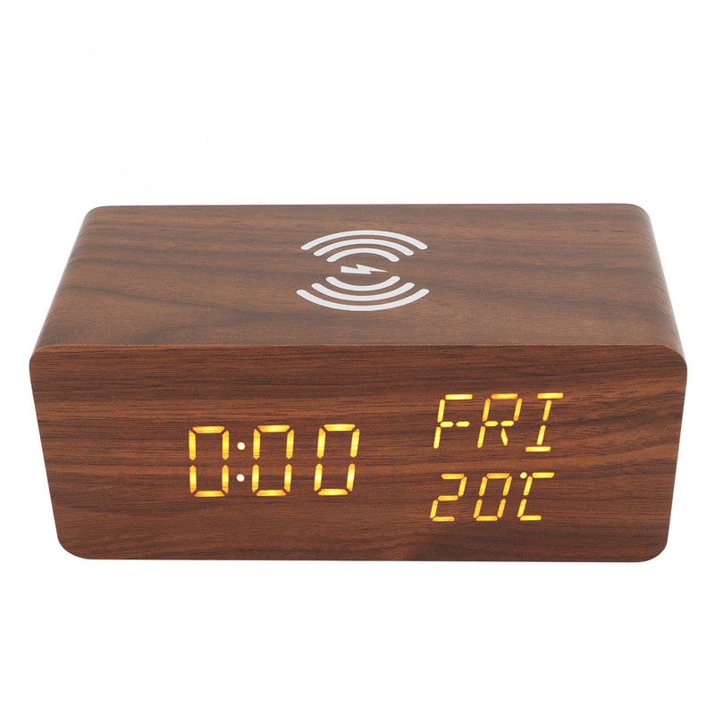 Wooden Digital Alarm Clock Yellow LED Display Adjustable Dimmer Weekday