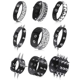 9 Pulseras con Tachuelas Punk con Remaches de Cuero Negro Brazalete Cruzado de Metal con Botón a Presión (Estilo Clásico)