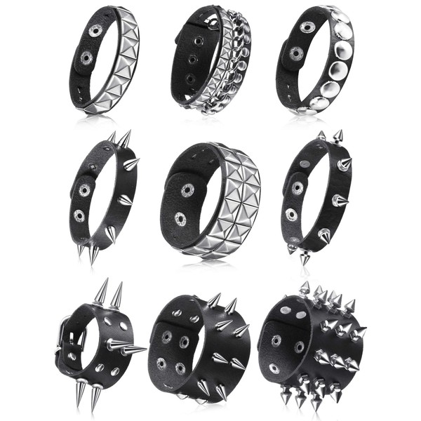 9 Pulseras con Tachuelas Punk con Remaches de Cuero Negro