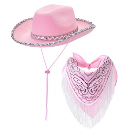 Edhomenn Adjustable Chin Strap Cowboy Hats Texan Cowgirl Hat with Scarf for Women Girls Cowboy Costume Theme Party Accessory (05 Pink, One size)
