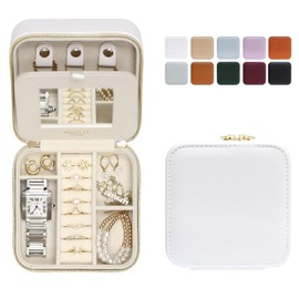BLUTETE Saffiano Leather Travel Jewelry Box with Mirror | Portable Jewelry Zipper Case | Multi Compartments Jewelry Organizer (White)
