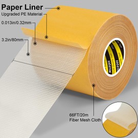 MILEQEE Double-Sided Tape Strong and Tough, Extra Large 3.2in x 66FT(20m), Durable Duct Cloth Carpet Rugs Fiberglass Mesh Tape, High Stickiness 2 Sided, Multipurpose Removable Residue-Free, Easy Tear