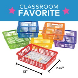 Fun Express Stackable Storage Bins 13x9.75x3 Inch - 6 Pack Colorful Plastic Storage Baskets with Handles for Classroom Organization | Paper Trays for Teachers, Office Storage & Home Organizing