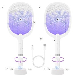 Electric Fly Swatter Racket, 4000V Bug Zapper Racket Rechargeable Fly Zapper Dual Modes Mosquito Swatter Portable with Purple Light & 3-Layer Safety Nets for Indoor & Outdoor, 2 Pack (2-Pack-Oval)