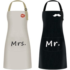 Mr & Mrs Kitchen Apron, 2 Pieces Cooking Apron with Adjustable Neckband and 2 Pockets, Can Be Used for Barbecues by Men and Women, in the Garden, Restaurant, Cafe (Khaki & Black)