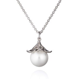namana Pearl Pendant Necklace for Women, Silver Pearl Necklace for Women and Teenage Girls, Silver Flower Necklace with Filigree Details and a Large Faux Pearl, with Jewellery Pouch