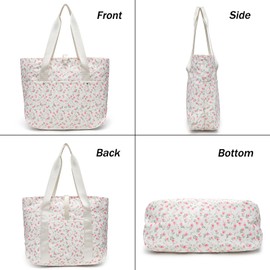 mcuvaec Foldable Floral Tote Bag for Women Nylon Travel Handbag with Zipper Cherry Print Purse Daily Commuter Bag for Work (Coconut Golden Fragrance)