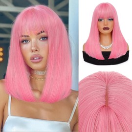 XCHJH Pink Bob Wig with Bangs Short Straight Wigs for Women Shoulder Length Natural Looking Pink Bob Hair Wig Straight Synthetic Heat-Resistant Fiber Hair for Daily Use(16inch)