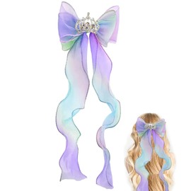 Colorful Ribbon Hair Bows Princess Crystal Crown Bows Big Hair Bows for Girls Hair Barrettes Alligator Clips for Baby Girls Kids Teens Hair Accessories (Blue&Purple)