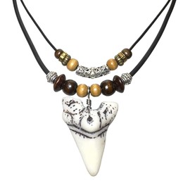 Shark Tooth Necklace for Men Boys Double Layer Necklace - Wood Beaded with Adjustable (White)