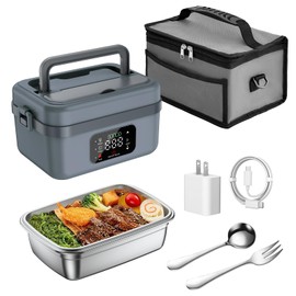 Cordless Electric Heated Lunch Box for Adults Men Women, Rechargeable Self Heating Battery Powered Food Warmer with 1L Container Fork Spoon and Insulated Carry Bag for Car Truck Travel Office(Grey)