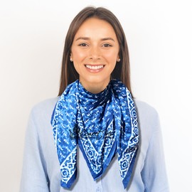 Sweet Us Lightweight Soft Cotton Floral Scarf for Women and One Pouch, Bandana, Shawl, Wrap for Summer, Spring, Fall, Winter, Chiara Petals, Indigo Blue, 20 x 20 in