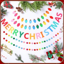 Mindsoft 5 Pcs Felt Christmas Garland Set, Merry Christmas Felt Banner Colorful Pom Pom Garland Xmas Light Bulb Banner Rainbow Holiday Bunting for Xmas Party Office Home Hanging Wall Trees Decor