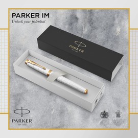 Parker IM Rollerball Pen | Premium Pearl Lacquer with Gold Trim | Fine Point with Black Ink Refill | Gift Box
