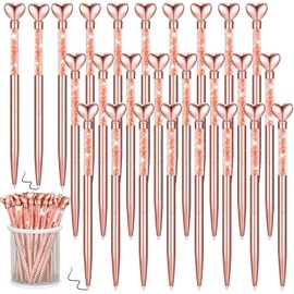 Hushee 24 Pcs Valentine's Day Heart Shaped Pens Glitter Retractable Metal Ballpoint with Black Ink Diamond Crystal Pen Bridal Shower Pen for Office School Classroom Wedding Engagement Gift(Rose Gold)