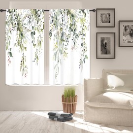 Riyidecor Sage Green Eucalyptus Leaves Curtains Rustic Flower Spring Floral Farmhouse Watercolor Plant Botanical Rod Pocket Country Nature Bedroom Living Room Treatment Fabric 2 Panels 42Wx45H Inch