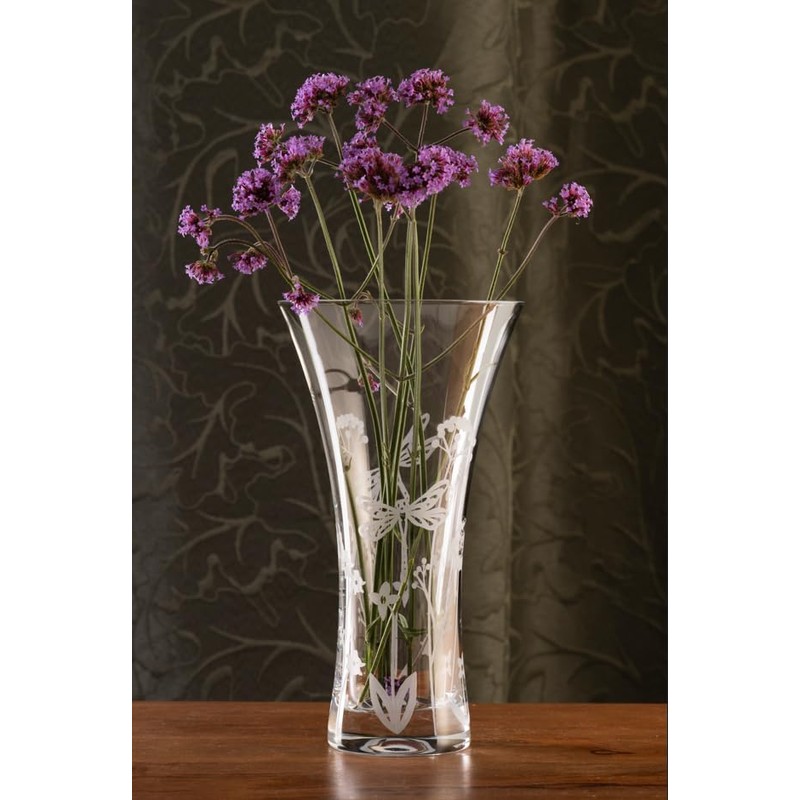DIAMANTE 'Dragonfly' Vase - Hand Cut Floral Wildlife Pattern Trumpet