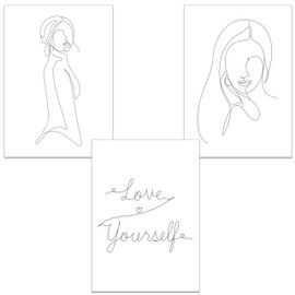 ChicResult Line Art Wall Pictures Love Yourself Set of 3 Pictures - Modern Wall Decoration for Living Room, Bedroom, Hallway or Office - Wall Picture with Saying (DIN A4 without Picture Frame)
