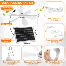 Grinsvalley Solar Chicken Coop Fan and Light Kit, 15W Powerful Solar Panel, 4500mAh Rechargeable Pendant Light with Remote, 4-Speed Silent Hanging Fan for Shed Greenhouse Barn Poultry