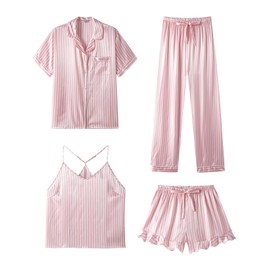 SAPJON Silk Pajamas for Women Set 4Pcs Ruffled Satin Pajamas Set Button Down Short Sleeve Cami Shorts Sleepwear Pj Set