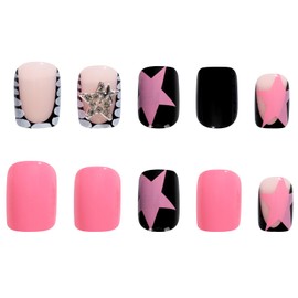 Eoopoon 24Pcs Black French Tip Press On Nails – Short Square Fake Nails with Star Print & Rhinestones, Glossy Full Cover Acrylic Stick On Nails for Women Girls, Daily Wear(pink star)