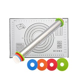 NASNAIOLL Rolling Pin and Baking Pastry Mat Set,Stainless Steel Dough Roller,Rolling Pins with Adjustable Thickness Rings,for Baking Fondant,Pizza,Pie,Pastry,Pasta,Dough