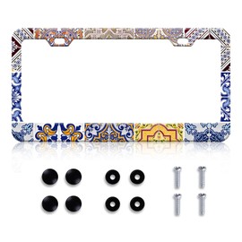 Mexican Tiles License Plate Frame - Colorful Retro Tile Mexican Folk Pattern License Plate Funny Stainless Steel Accessory License Plate Cover Personalise Decoration with Screws 12x6 Women Men