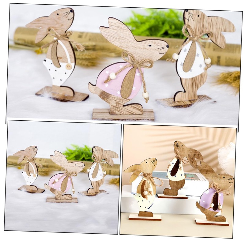 Ipetboom 3pcs Wooden Easter Bunny Decorations Cartoon Style Rustic Rabbit